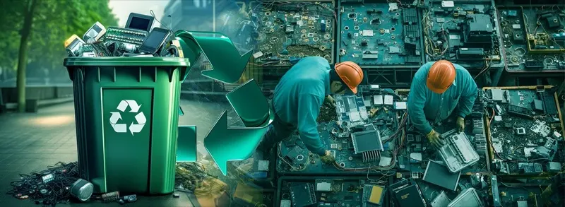 Geri dönüşüm kutusu ve elektronik kartları ayrıştıran çalışanlar