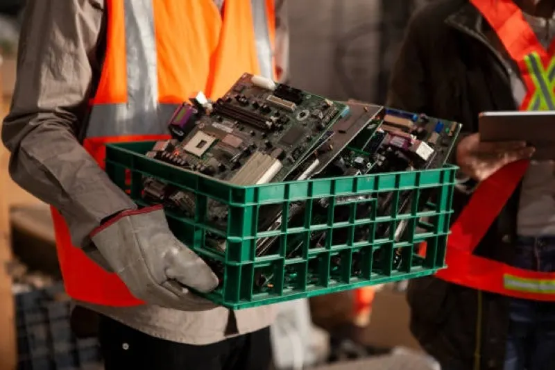 Recycling worker carrying a crate full of circuit boards